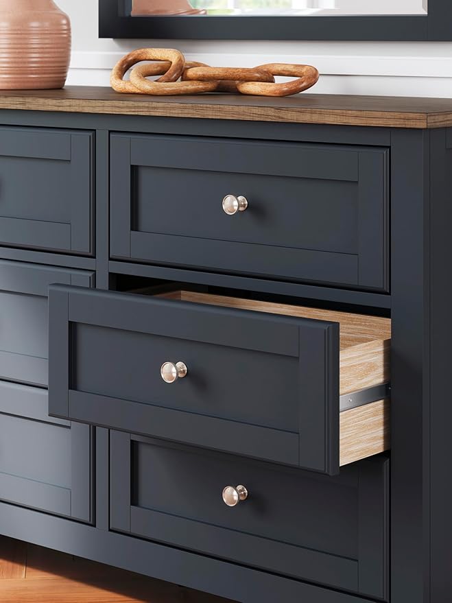 Signature Design by Ashley Landocken Casual 6-Drawer Dresser and Mirror with Safety Stop, Blue & Light Brown