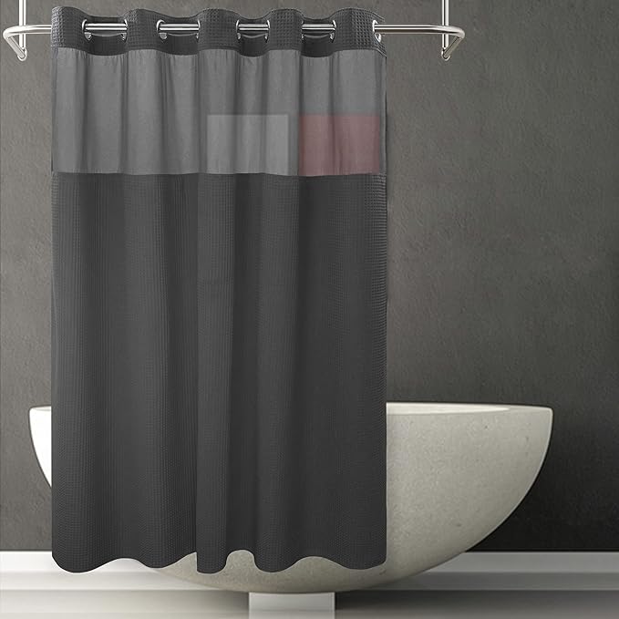 River Dream Black Fabric Shower Curtain Set, Cotton Blend, Waffle Weave, with Snap in Replacement Liner，71 x 86 inches