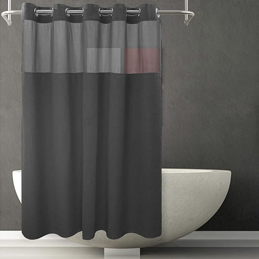 River Dream Black Fabric Shower Curtain Set, Cotton Blend, Waffle Weave, with Snap in Replacement Liner，71 x 86 inches