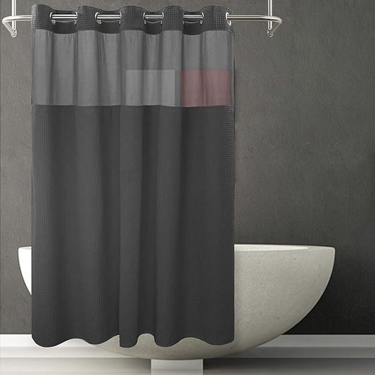 River Dream Black Fabric Shower Curtain Set, Cotton Blend, Waffle Weave, with Snap in Replacement Liner，71 x 74 inches