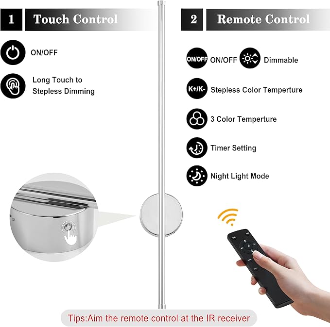 Battery Operated Modern Wall Sconces, Dimmable Wireless Wall Light Set of Two with Remote Control, 3 Color Temperatures, Rechargeable LED Wall Sconce for Bedroom, Living Room,Hallway, 27.6 Inch Chrome