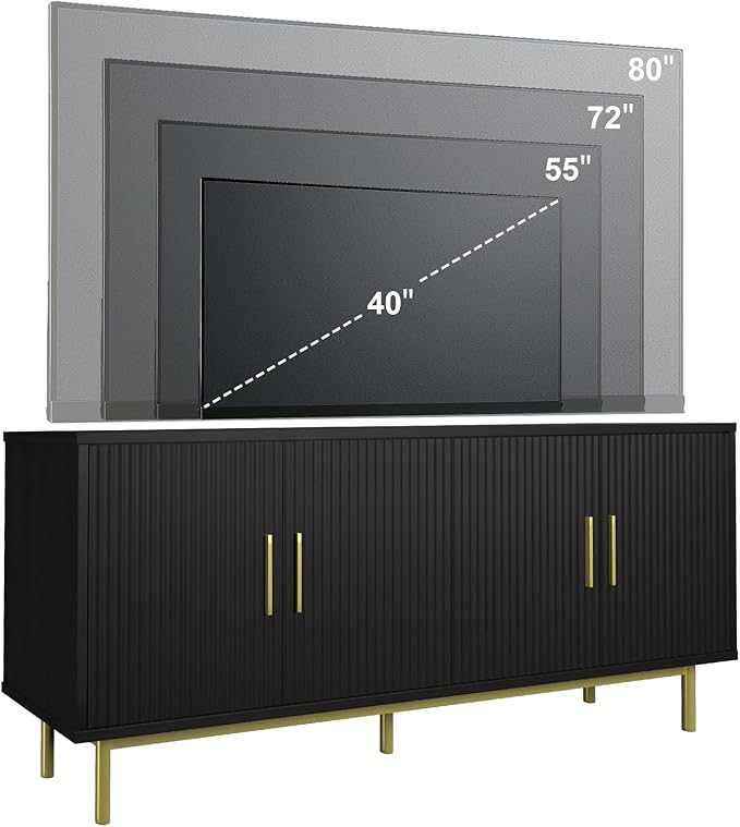 MUUEGM Modern TV Stand for Televisions up to 80 Inch, Entertainment Center with Storage, Cabinet with Fluted Door and Adjustable Shelf, Console Table and Media Furniture for Living Room, Black