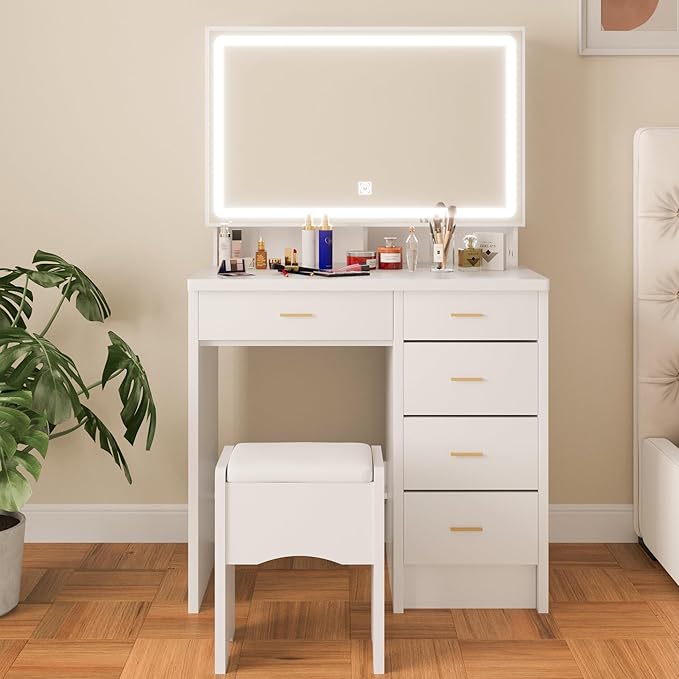 Vanity Desk with Mirror and Lights, 31.5" Makeup Vanity with Sliding Mirror and 3 Light Modes, Modern Vanity Table with 5 Drawers, Hidden and Open Storage Shelves, Makeup Desk for Bedroom, White