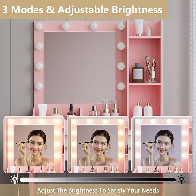 Pink Vanity Mirror with Lights Desk and Chair, Small Makeup Vanity Set with Charging Station, Dressing Table with 2 Large Drawers, RGB Ambient Light, 3 Lighting Modes & Adjustable Brightness
