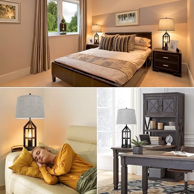 BesLowe 2-Light Farmhouse Rustic Touch Table Lamps Grey, 3-Way Dimmable Bedside Lamps with 2 USB Ports for Bedroom, End Table Lamps for Living Room with Gray Shades, 4 LED Bulbs Included, Set of 2