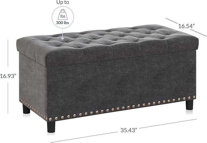 BELLEZE 35" Tufted Ottoman, Storage Bench with Safety Close Hinge, Ottoman with Storage for Living Room, Entryway, Hallway, Foot Rest, Support 300lbs - Dark Grey
