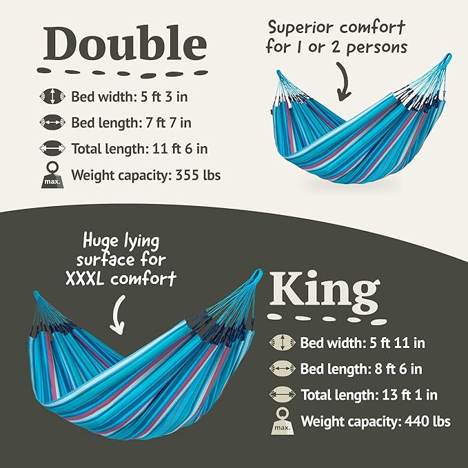 La Siesta® Large Double Brisa Classic Hammock & TreeMount, Trees Beams Posts Suspension Kit, Indoor Outdoor Hammock Swing, Weather Resistant, Wave