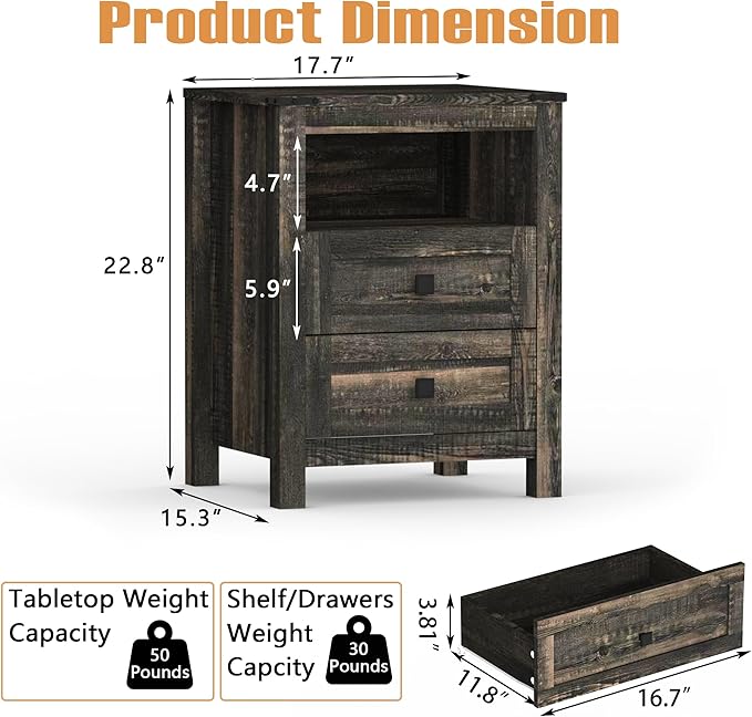 Farmhouse 6 Drawer Dresser & 2 Nightstand Set for Bedroom, Wood Dresser with Metal Handle for Bed Room, Hallway, Light Black Rustic Oak