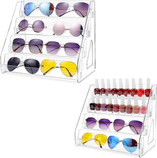 2 Pack 4 Tier Sunglass Organizer Eyeglass Display Stand Case, Nail Polish Organizer Holder Rack, Glasses Tabletop Makeup Stand Snap in Assembly for Home, Salon, Retail
