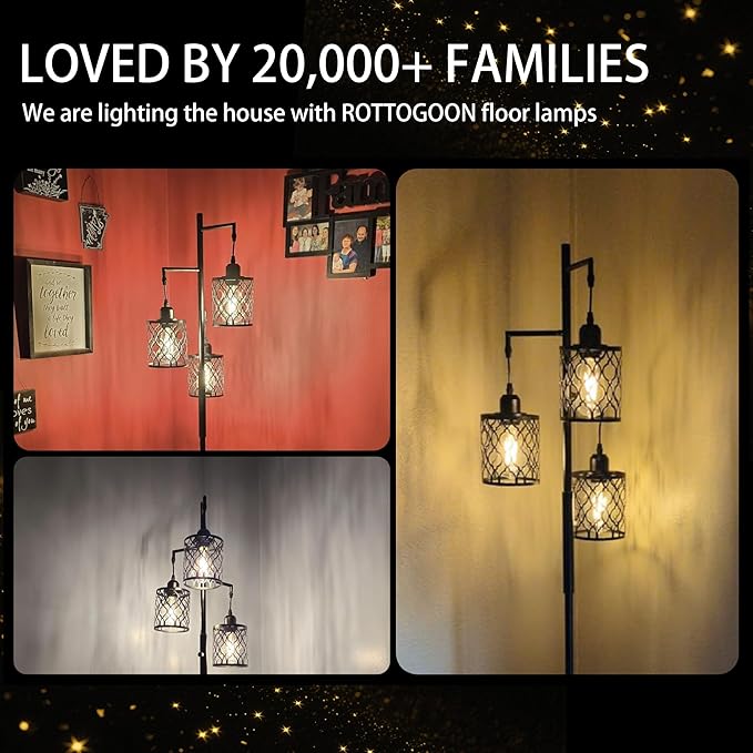 Dimmable Farmhouse Floor Lamp, Industrial Floor Lamp for Living Room with 3 X 6W LED Bulbs, 3 Light Rustic Standing Tall Lamp for Bedroom, Office, 68"