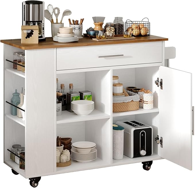 4 EVER WINNER Kitchen Island on Wheels, Kitchen Island Cart with Spice Rack & Towel Rack, Storage Cabinet & Drawer, Farmhouse Coffee Bar with Open Shelves for Dining Room,White