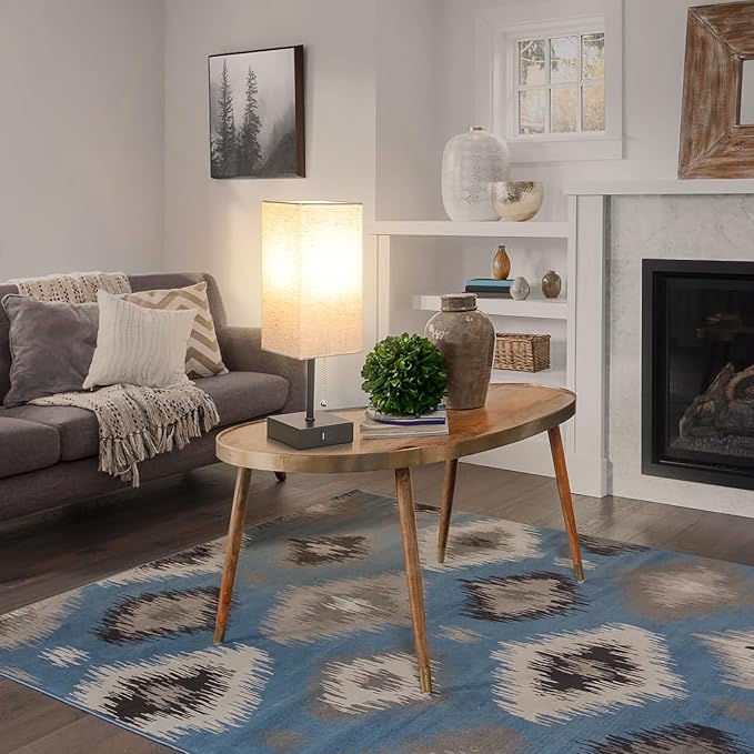 GGOYING Bedside Table Lamp, Pull Chain Bedroom Lamp with USB C+A Charging Ports, 2700K LED Bulb, Linen Lampshade, Nightstand Lamp for Living Room Bedroom Office