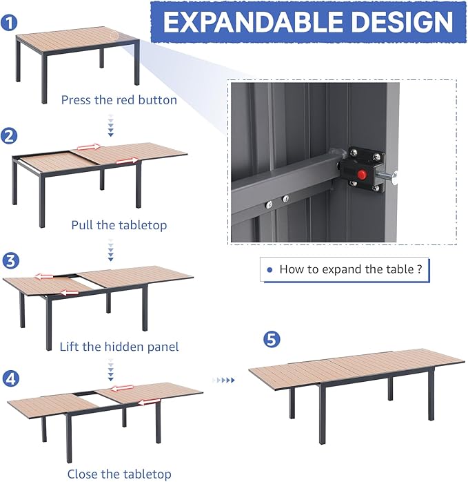 SUNSITT 9-Piece Outdoor Patio Dining Set, 63" - 105" Aluminum Expandable Outdoor Dining Table Set for 8, 8 Woven Rope Chairs with Gray Removable Cushions