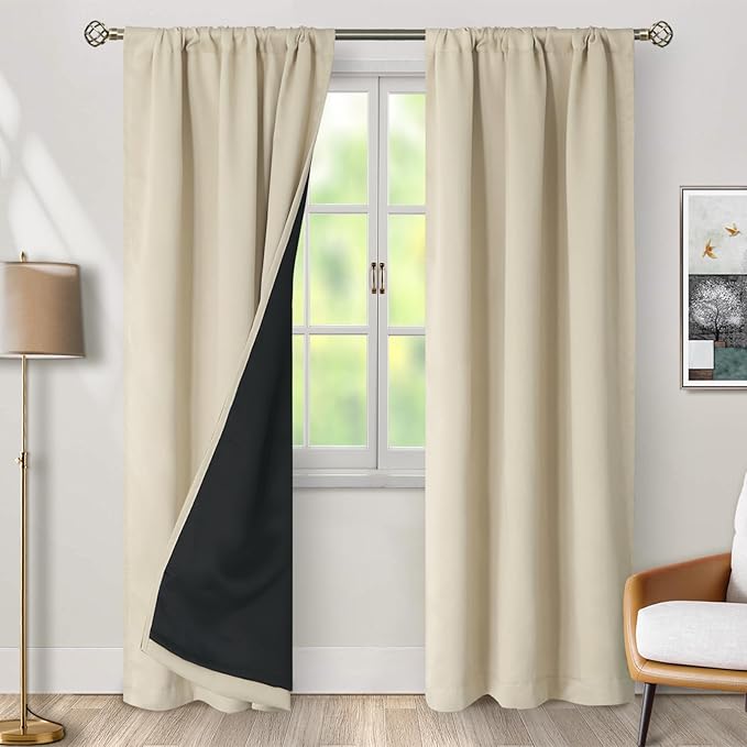 BGment Beige 100% Blackout Curtains for Bedroom, 84 Inch Length 2 Panels Set Black Out Living Room Panels with Thermal Liner, Rod Pocket and Back Tab Double Layer Room Darkening Drapes, 38 x 84 Inch