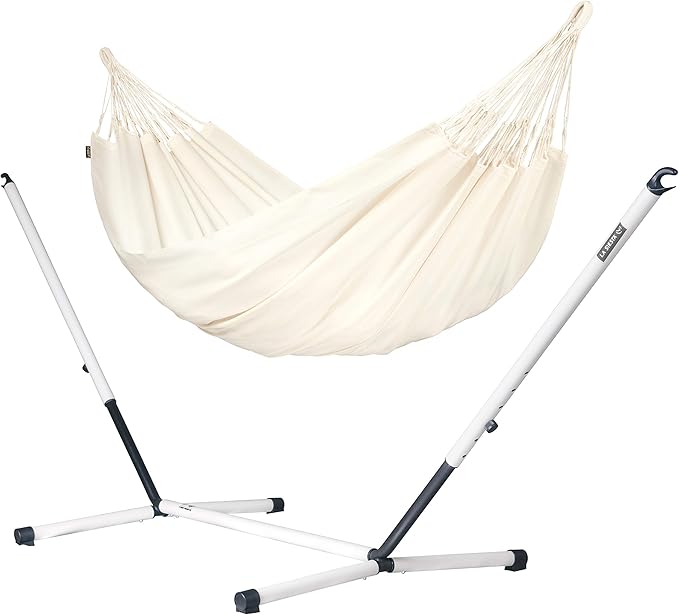 LA SIESTA® - Large Double Brisa Classic Hammock & Nautico Steel Stand - Weather & Tear Resistant Portable Hammock w/Stand - Balcony Porch Garden Outdoor Indoor Hammock - 2-Person Max 355 Lbs, Vanilla