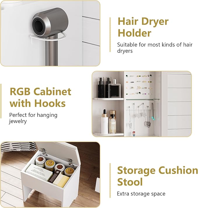 Vanity Desk with Mirror and Lights, Makeup Vanity Table Set with 5 Storage Drawers, Power Outlet & Chair, Small Dressing Table with RGB Ambient Light, Adjustable Brightness for Girls Bedroom, White