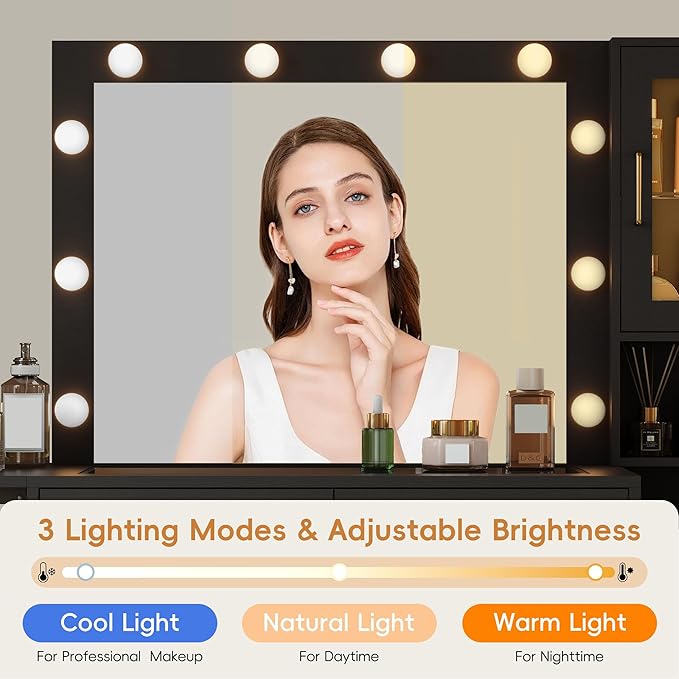 Makeup Vanity Desk with Mirror and Lights, Black Vanity Table with LED Lighted Mirror & Power Outlet, Dressing Table with Chair, Large Storage Drawer & Cabinet, and Foldable Panel for Girls’ Bedroom