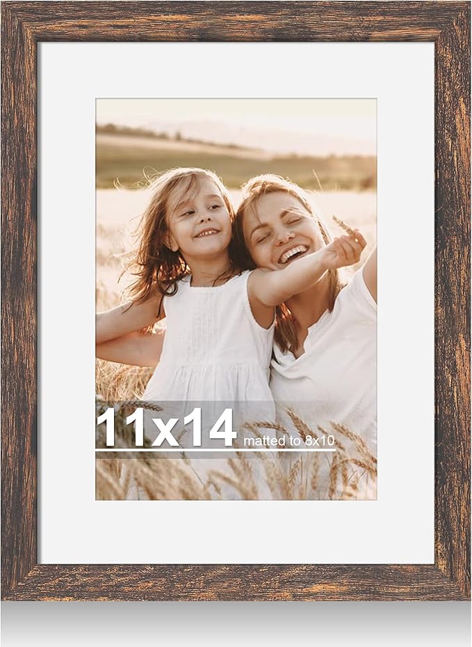11x14 Picture Frame with Real Glass - 8x10 Wooden Frame with Mat, Horizontal and Vertical Display for Wall or Tabletop (Rustic Brown, 1 Pack)