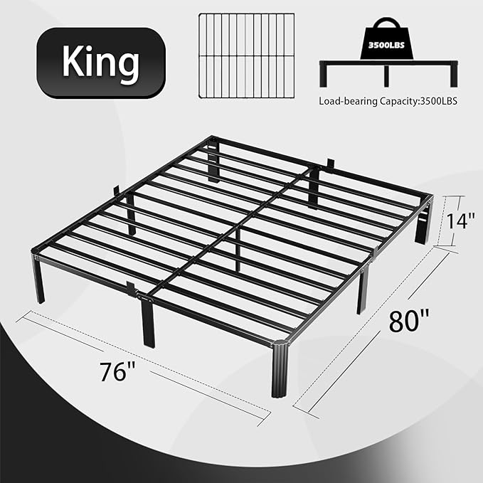 14 inch King Size Bed Frame Metal Platform No Box Spring Needed with Headboard Hole Round Corner Legs Mattress Stoppers Retainers 3500LBS Queen Bed Frames Heavy Duty Steel Slats Noise-Free