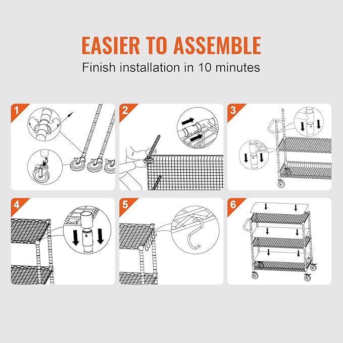 VEVOR Kitchen Utility Cart, 3 Tiers, Wire Rolling Table with 661 LBS Capacity, Steel Service Desk on Wheels, Metal Storage Trolley with 80 mm Deep Basket Curved Handle PP Liner 6 Hooks