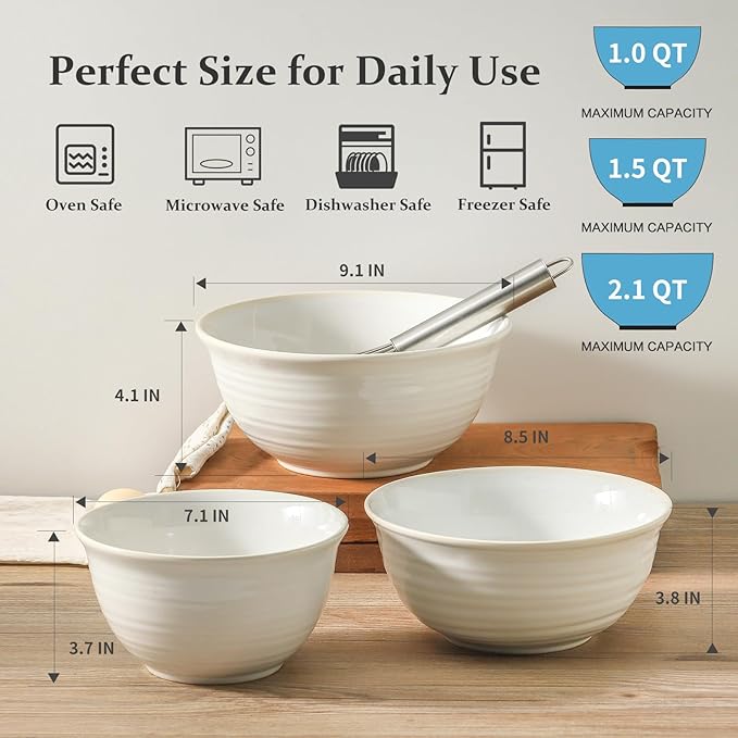 Hasense Mixing Bowls, Ceramic Serving Dishes for Cooking, Baking, Prepping, Nesting Bowls for Salads, Fruit, Popcorn, 2.1/1.5/1.0 Qt, Dishwasher & Microwave Safe, Clay-Infused White