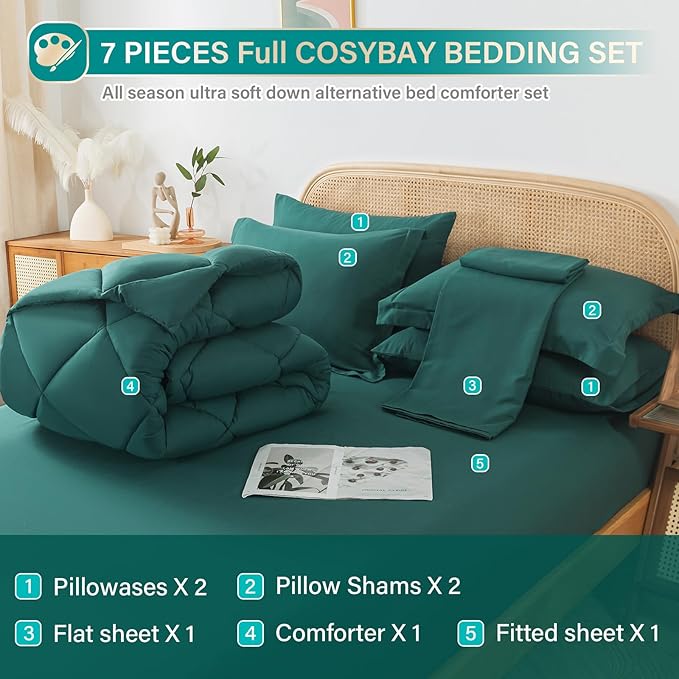 Cosybay Bed in a Bag King Comforter Sets 7pcs All Season Solid Down Alternative Bedding Sets Dark Green with Comforter, Pillow Shams, Flat Sheet, Fitted Sheet and Pillowcases