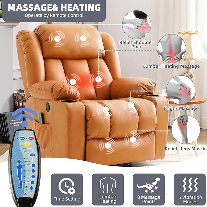 Power Lift Recliner Chair for Elderly, Electric Recliner Chairs for Adults with Massage and Heat, Cup Holders, Remote Control, USB Ports, Side Pockets, Leather (Bright Orange) ﻿