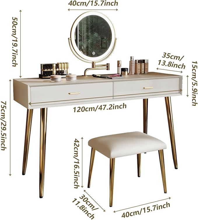 IKuinen Makeup Vanity Desk with Mirror and Lights, Small Vanity Table with 2 Drawers, Stool, Vanity Set for Bedroom with Leather, 3 Lighting Modes - 47.2In Beige