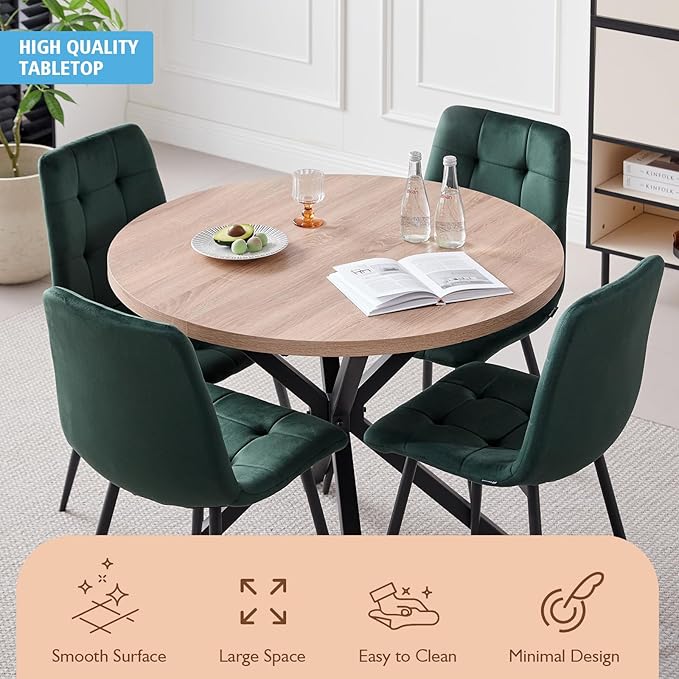 39" Round Dining Table Set for 4, Mid Century Kitchen Table with 4 Green Velvet Upholstered Dining Chairs for Apartment Living Room Space Saving