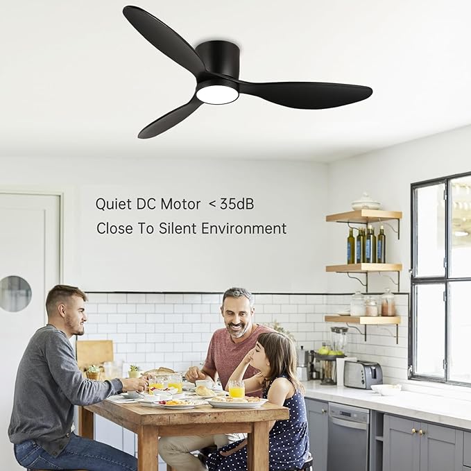 reiga 52 Inch Wood Black Modern Flush Mount Indoor Ceiling Fan with Light and Remote, 3 Propeller Blade, Quiet DC Motor for Bedroom Living Room