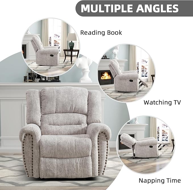 CANMOV Manual Recliner Chair, Classic and Traditional Manual Recliner Chair with Comfortable Arms and Back Single Sofa for Living Room, White Grey