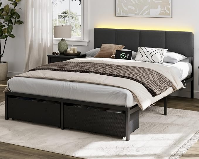Furnulem Queen Bed Frame with Storage, Upholstered Bed Frame Queen Size with LED Light,USB Charging Station,Platform Bedframe with 2 Fabric Underbed Storage Drawers,No Spring Box Needed,Noise Free