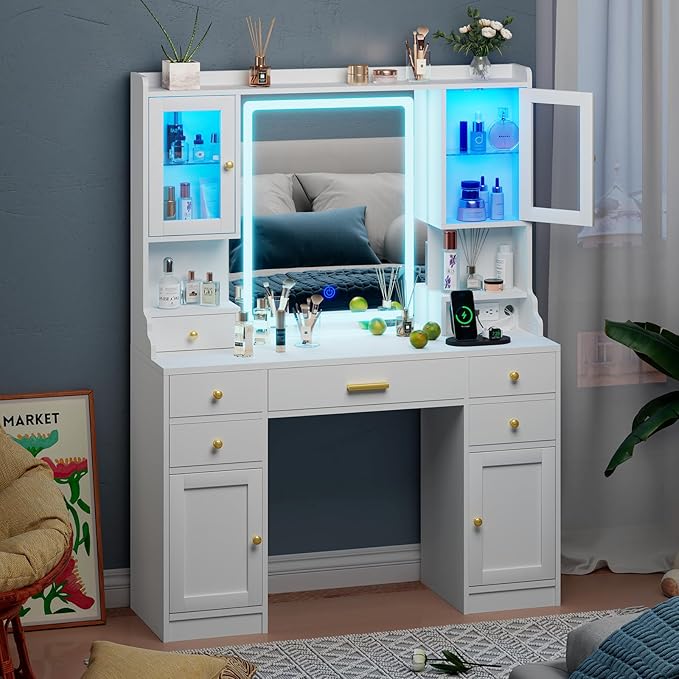 White Makeup Vanity Desk with Mirror and Lights, Large Vanity Table Set with Charging Station, Dressing Table with RGB Cabinets, Makeup Vanity Mirror with Light Desk and Drawers, 3 LED Lights Modes