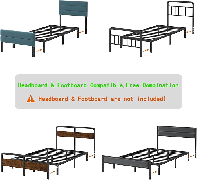 12 Inch Twin Bed Frames, Heavy Duty Metal Bed Frame Twin Size, No Box Spring Needed, Easy Assembly, Noise-Free, Black