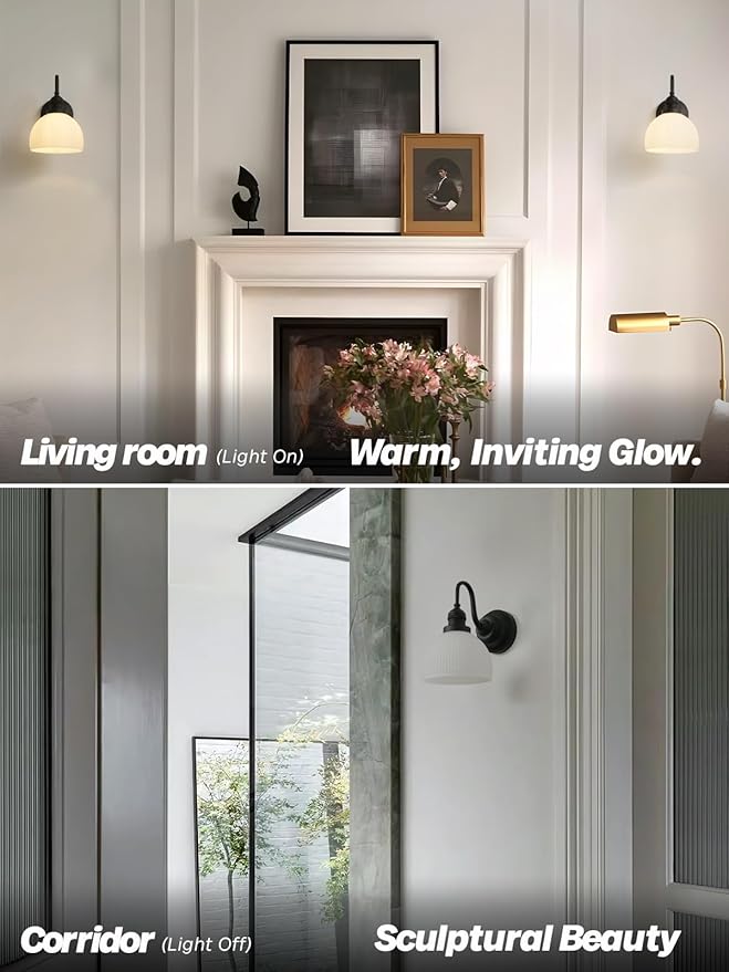 Vintage Wall Sconce Light, Black Bathroom Vanity Light with Striped Bowl Milk Glass Farmhouse Hardwire Wall Mounted Lamp for Bathroom Mirror Living Room Bedroom Kitchen E26 Indoor