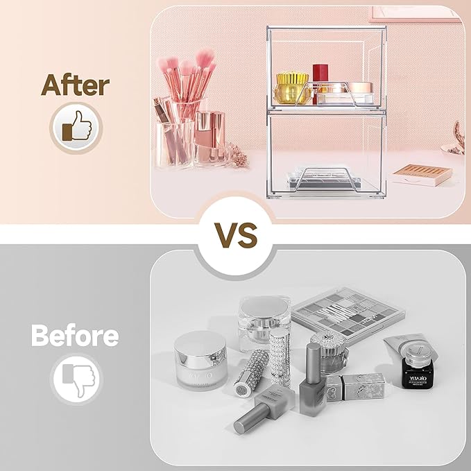 Damomo 2 Pack Stackable Organizer Drawers, 4.4" Tall Clear Bathroom Makeup Organizer and Storage, Acrylic Plastic Organizers Bins for Vanity, Undersink, Bathroom, Pantry, Kitchen Cabinets
