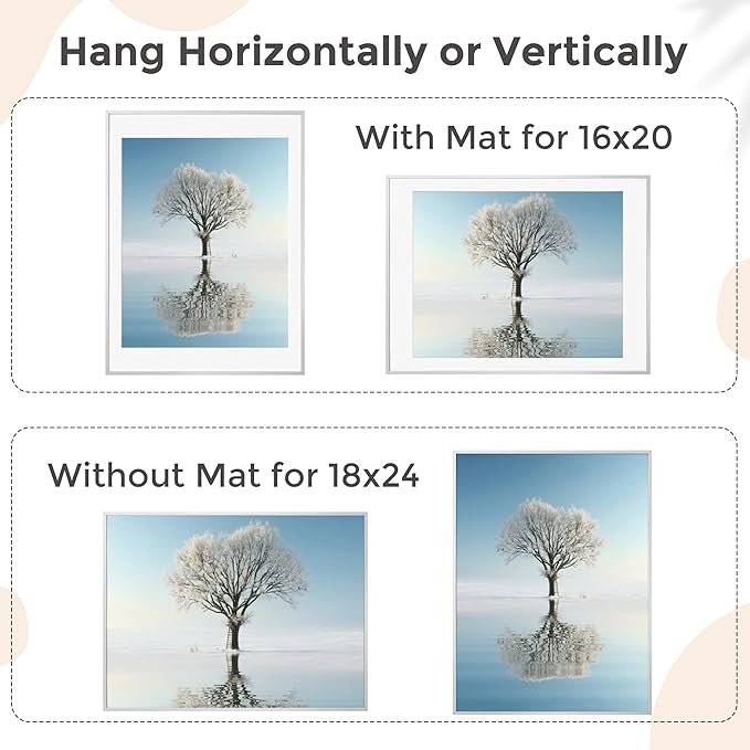 18x24 Metal Picture Frame For Wall With Mat For 16x20, 18''x24'' Aluminum Photo Frames With Tempered Glass, Minimalist Modern Poster Frame Horizontally Vertically Set of 2, Silver
