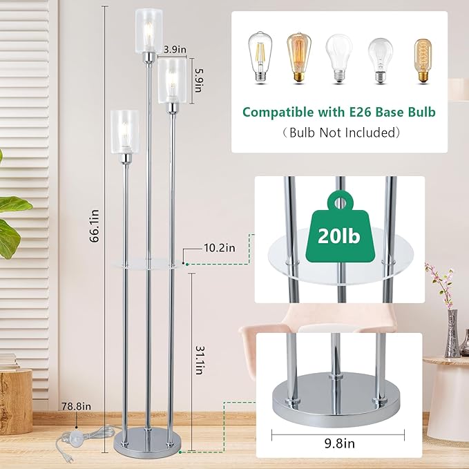 HMVPL Modern Floor Lamps for Living Room, Silver Floor Lamp for Bedroom with Acrylic Shelves, 3-Light Chrome Standing Lamp with Glass Shades, On/Off Foot Switch, Tall Lamp for Corner Office (66")