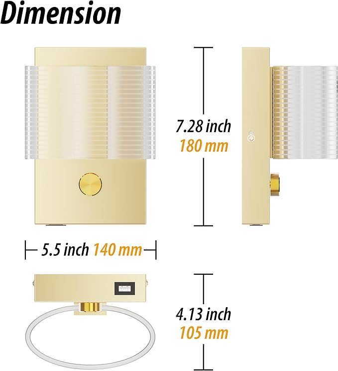URSOLA Wall Sconce LED Wall Lamp with Dimmer Switch and USB Charging Port Oval Linear Sleek Lampshade 110 Volt Hardwired Wall Light 4000K Sconces Wall Lighting (Gold)