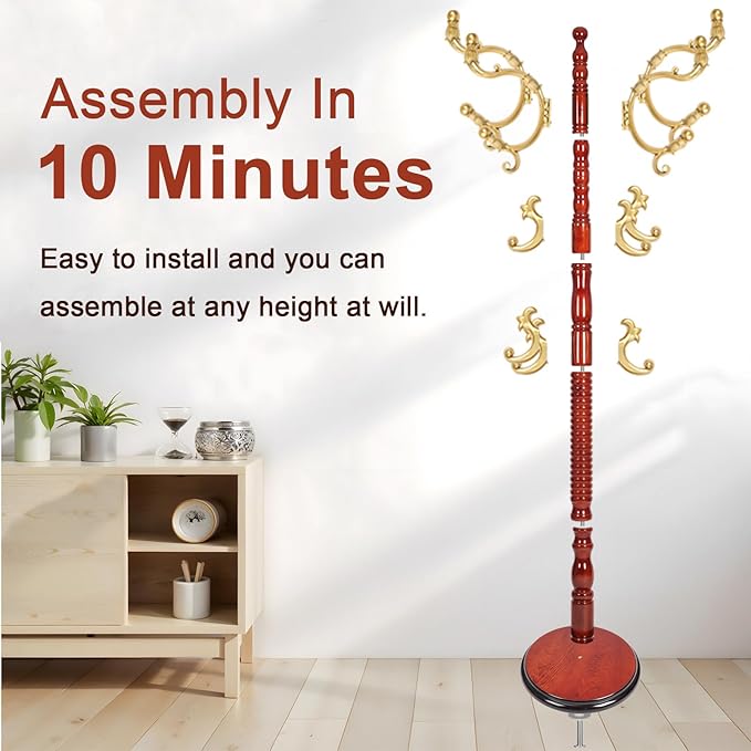 Coat Racks Freestanding, Natural Wood Coat Stands with 14 Hooks, 73" Heavy Duty Adjustable Height Vintage Hall Tree for Entryway, Bedroom, Office, Easy Assembly (Begonia)