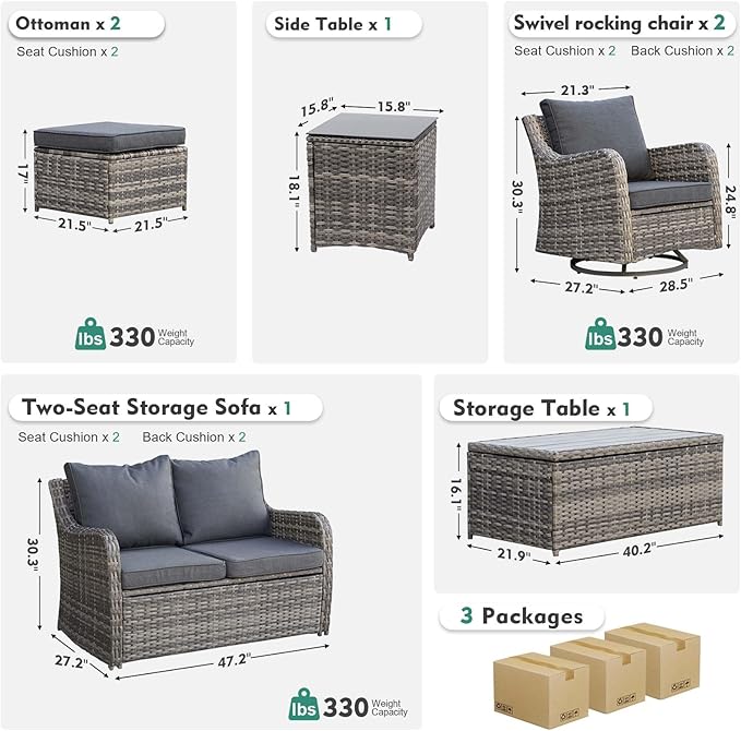 Outdoor Patio Furniture Set with Swivel Chairs, 7 Pieces Wicker Rattan Sofa Couch with Loveseat, Patio Conversation Set with Rocker Patio Chair, 2 Ottomans and Coffee Table (Grey)