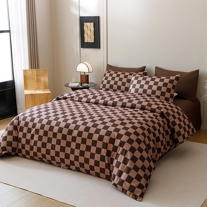Luxlovery Brown Grid Comforter Set Full Brown Khaki Plaid Bedding Comforter Set Women Men Full Bed Soft Breathable Blanket Quilts Modern Geometric Coffee 3pcs Bedding Set