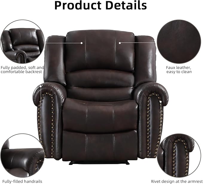 INZOY Leather Recliner Chair, Heavy Duty Manual Reclining Sofa Single Lounge Sofa for Living Room, Home Theater Seating, Dark Brown