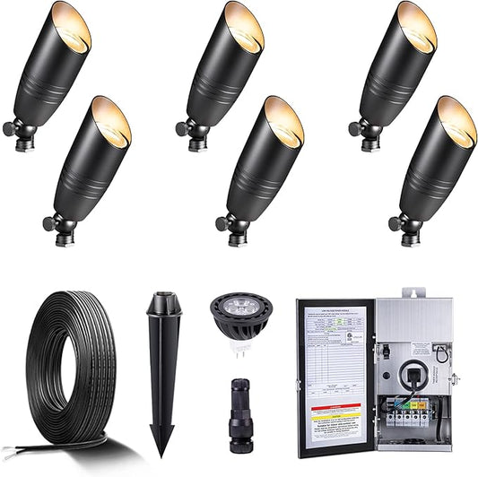 Black Brass Low Voltage Landscape Spotlights(6-Pack) Kit 12V LED with Low Voltage Transformer 150W & Mechanical Timer & 100FT Wire & 30Pack Connectors for Outdoor House Garden Patio