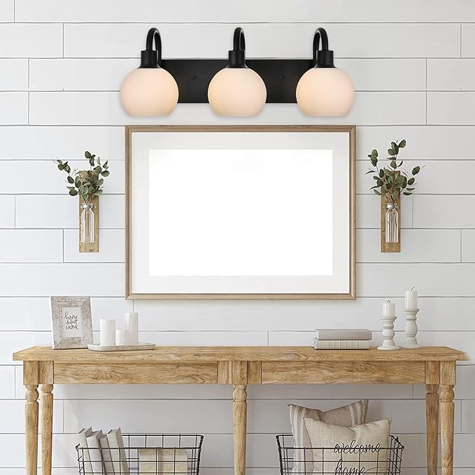 20.4 Inch Bathroom Vanity Light, 3-Light Black Vanity Lighting Fixture Over Mirror, Modern Wall Mounted Lamp with Milk White Globe Glass Shade
