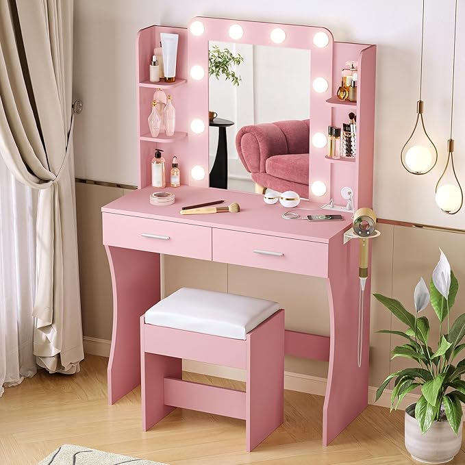 Vabches Vanity Desk with Lights,Makeup Vanity with Power Strip,Dressing Table Set with 2 Large Drawers,Vanity Mirror 3 Lighting Color Adjustable,Pink