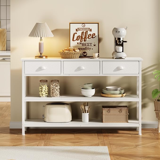 Furologee White Long 47" Console Sofa Table with 3 Drawers, Entryway Table with 3-Tier Storage Shelves, Display Shelf for Entry Way, Hallway, Couch, Living Room, Kitchen, Foyer