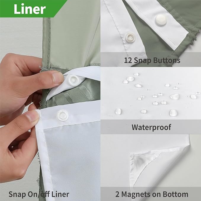 no Hook Shower Curtain and Liner Set，Boho Style with See Through Top Window, SageGreen Fabric Tufted Striped Textured Outer Curtain & Waterproof Inner Liner, SageGreen, 71Wx74H