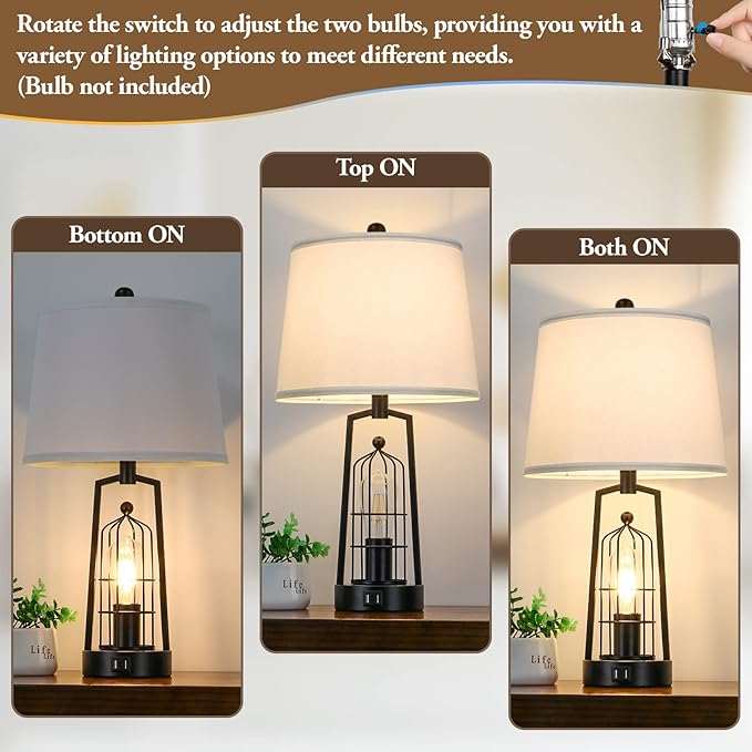 Farmhouse Table Lamps with 2 USB Ports, Set of 2 Rustic Industrial Desk Lamp for Living Room, 2-Light Black Bedside Lamp, Bedroom Nightstand Lamp with White Lampshade for House Decor, Reading