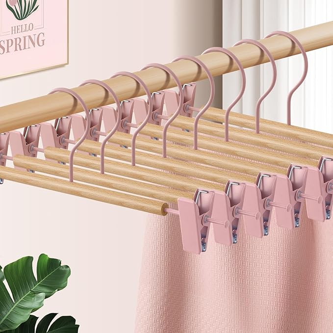 Wooden Pants Hangers with Clips 20 Pack Adjustable Wood Skirt Hangers for Women&Men Space Saving Closet Non Slip Clothes Hanger for Jeans,Trousers,Short,12Inch Pink